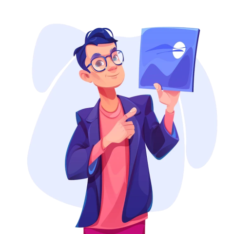 Homem Jovem, segurando um quadro enquanto aponta para ele.